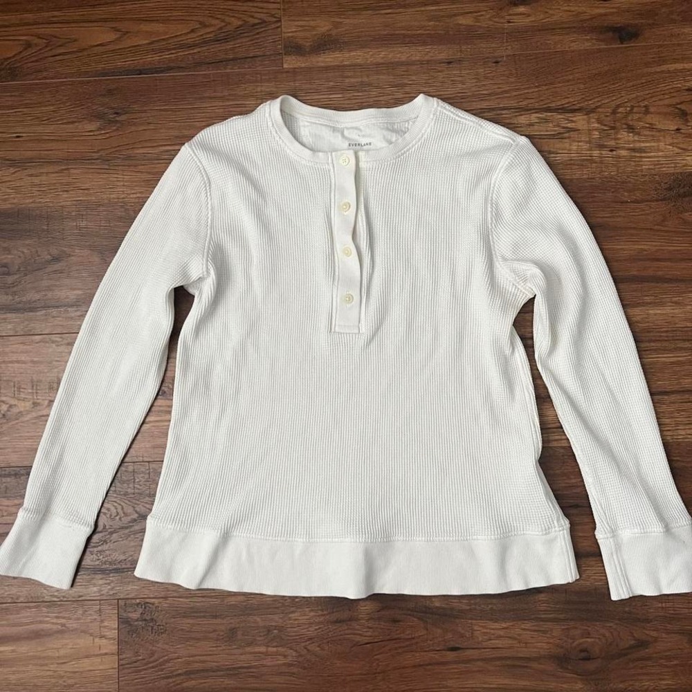 Everlane Organic Cotton Waffle Henley Top Minimalist‎ Long Sleeve Women Medium